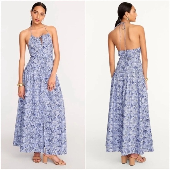 J. Crew Collection Anguilla Halter Maxi Dress Blue Floral - Picture 1 of 10